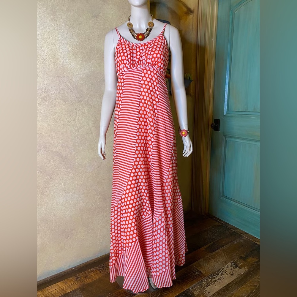 ISO: Vintage 1970s Red White Polka Dot Striped Prom Chiffon Lined Maxi Dress